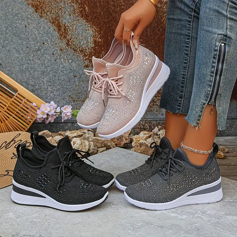 Women's Glittery Rhinestone Fashion Breathable Wedge Sneakers
