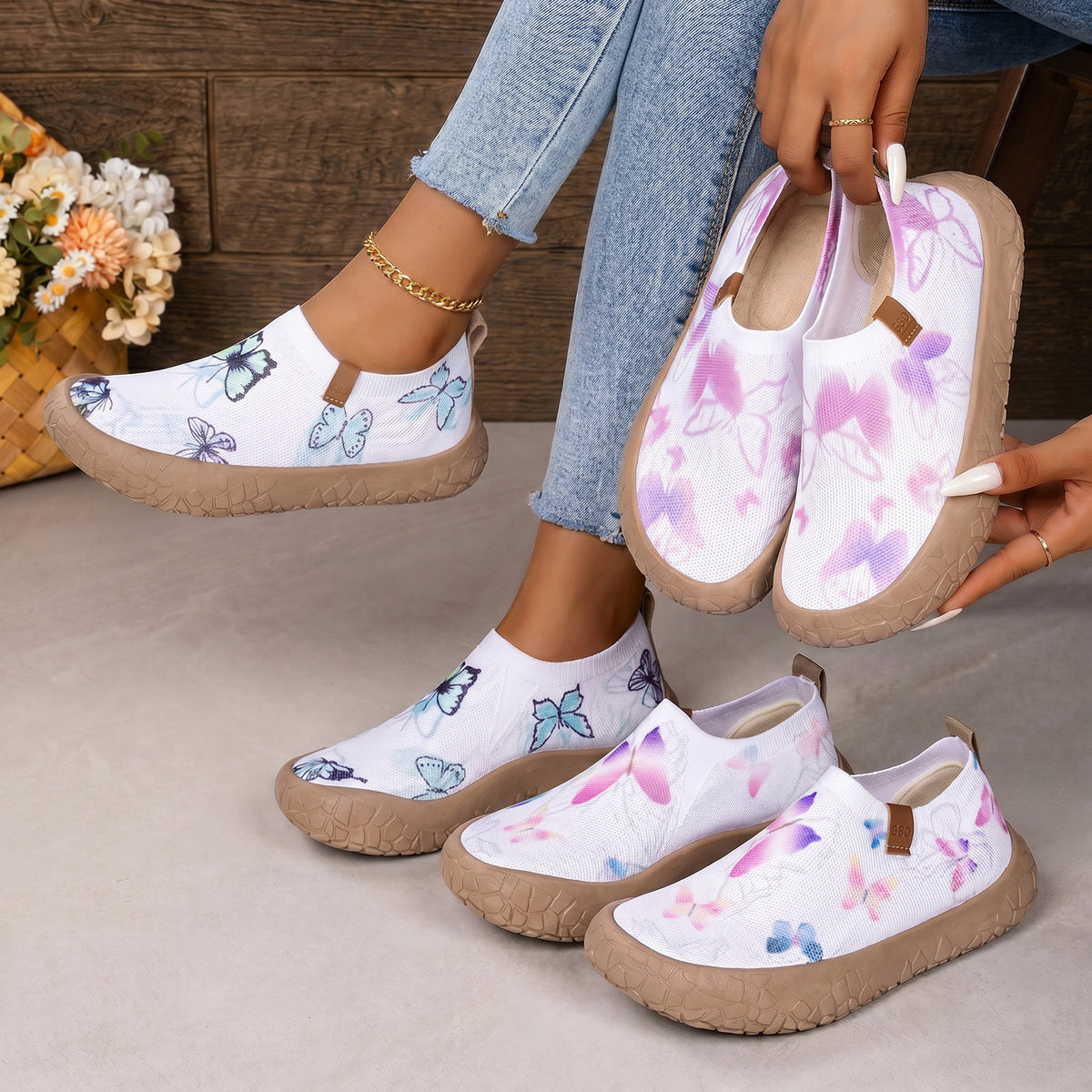 Women's Lightweight & Breathable Butterfly Print Slip‑On Walking Shoes Trainers