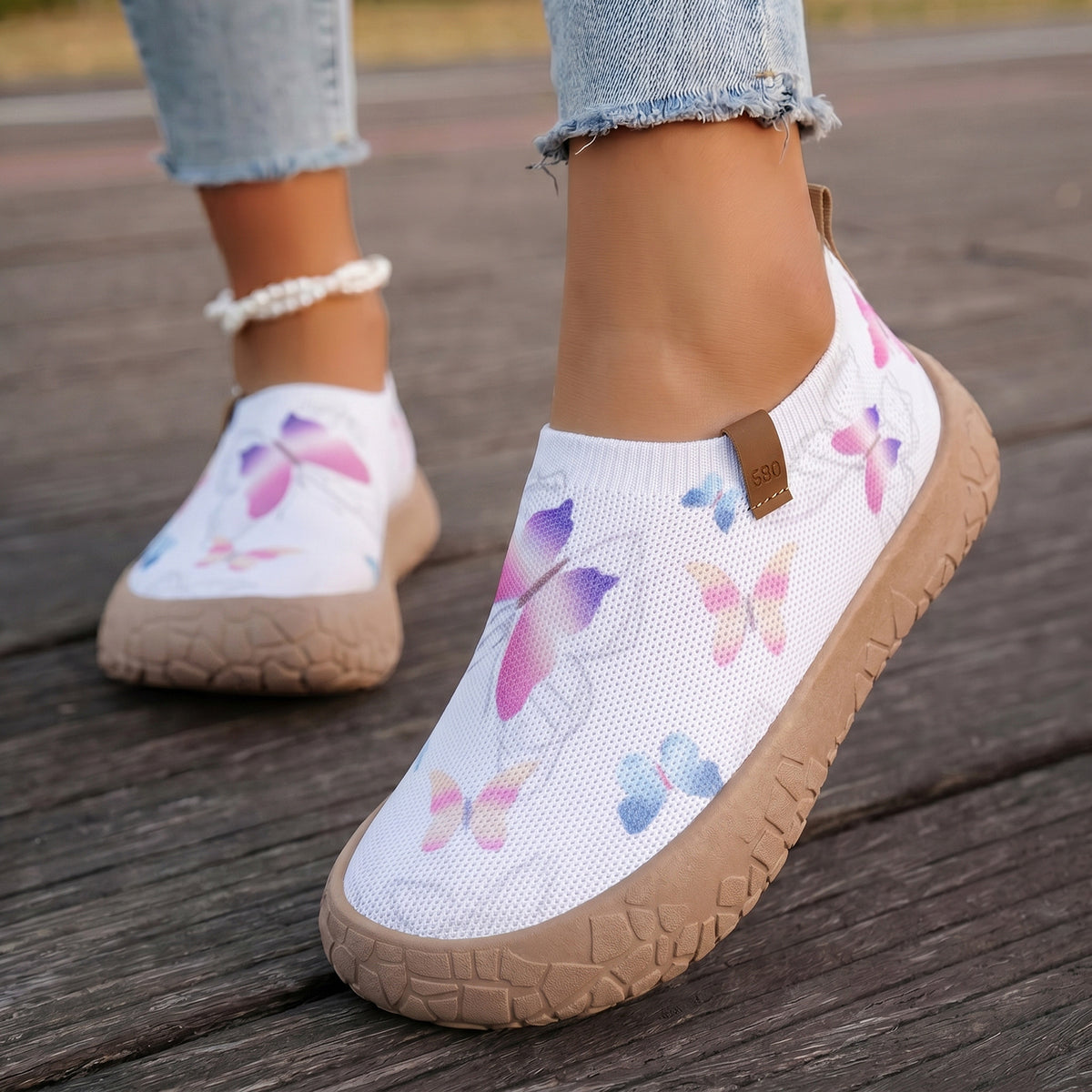 Women's Lightweight & Breathable Butterfly Print Slip‑On Walking Shoes Trainers