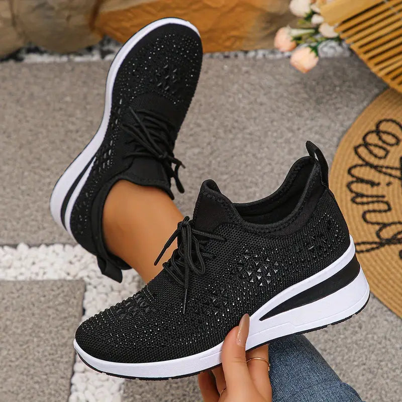 Women's Glittery Rhinestone Fashion Breathable Wedge Sneakers