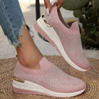 Women's Rhinestone Decor Platform Sneakers Slip-On Outdoor Shoes