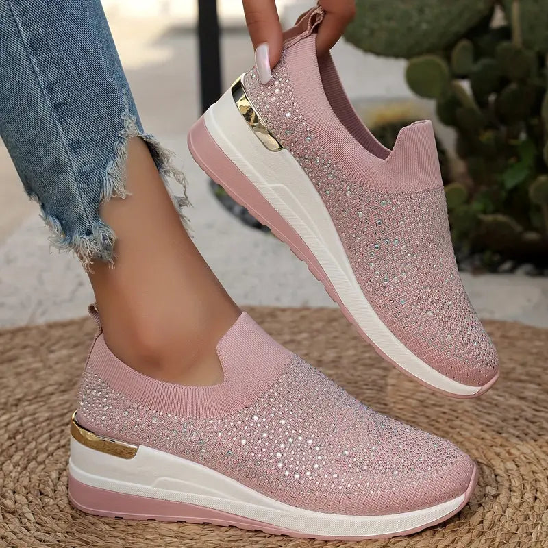 Women's Rhinestone Decor Platform Sneakers Slip-On Outdoor Shoes
