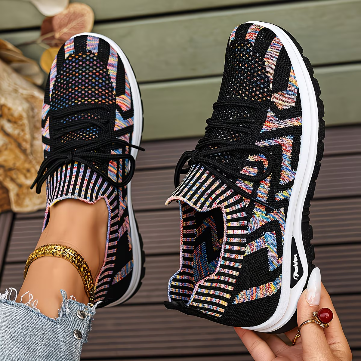 Women's Lightweight and Comfortable Multi-color Stripes Sneakers for Walking, Driving, and Daily Wear