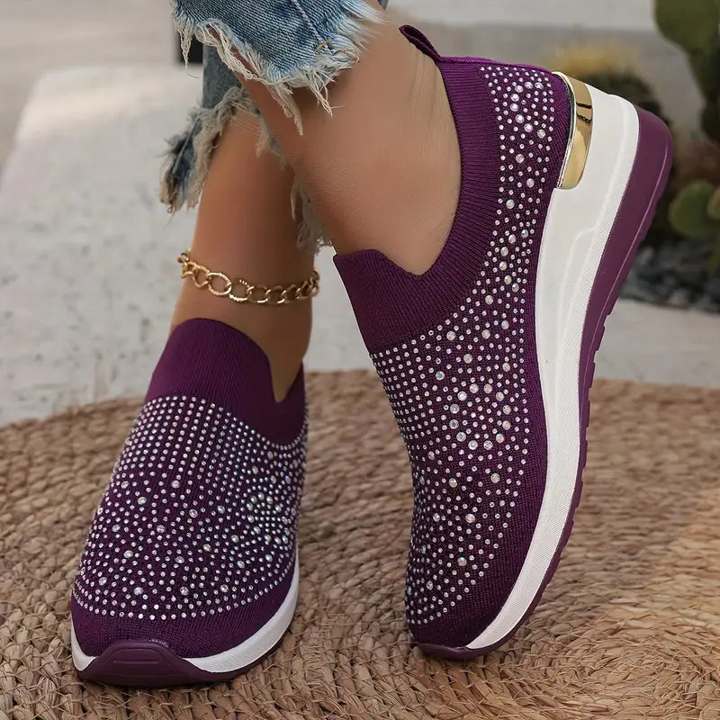 Women's Rhinestone Decor Platform Sneakers Slip-On Outdoor Shoes