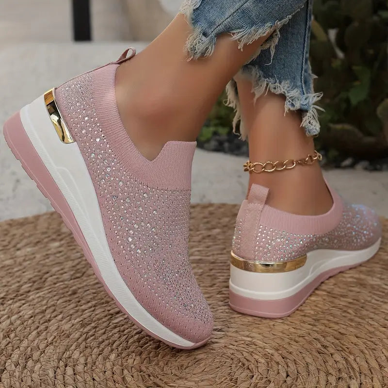 Women's Rhinestone Decor Platform Sneakers Slip-On Outdoor Shoes