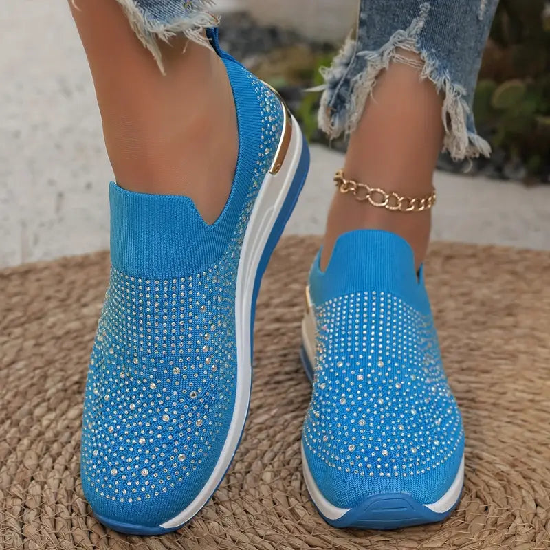 Women's Rhinestone Decor Platform Sneakers Slip-On Outdoor Shoes