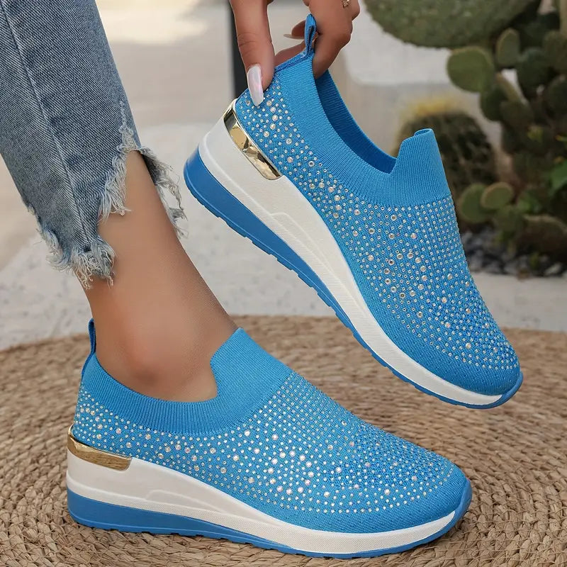 Women's Rhinestone Decor Platform Sneakers Slip-On Outdoor Shoes