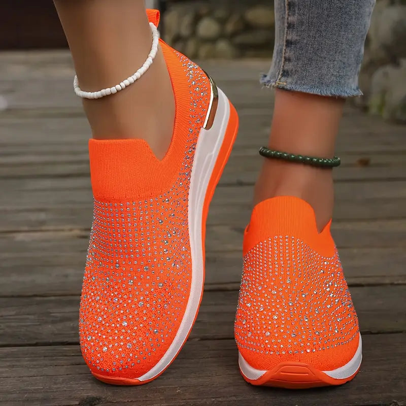Women's Rhinestone Decor Platform Sneakers Slip-On Outdoor Shoes