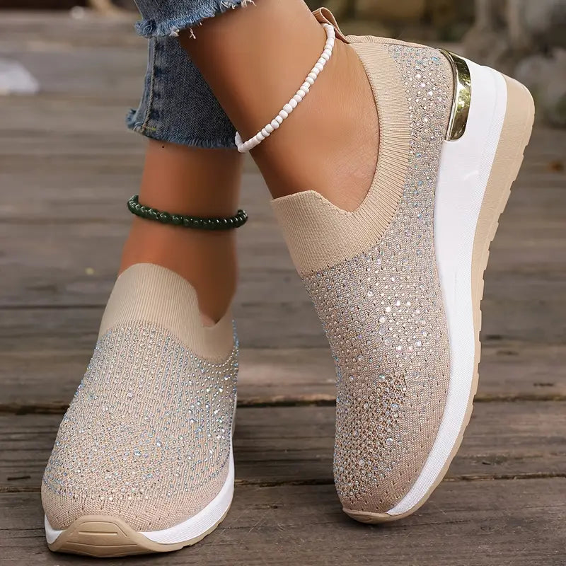 Women's Rhinestone Decor Platform Sneakers Slip-On Outdoor Shoes