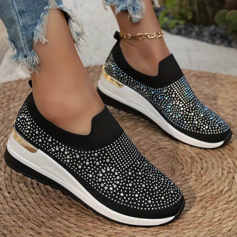 Women's Rhinestone Decor Platform Sneakers Slip-On Outdoor Shoes