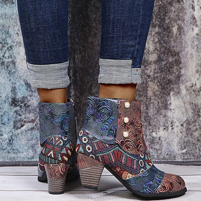 Bohemian Floral Embossed Ankle Boots for Women