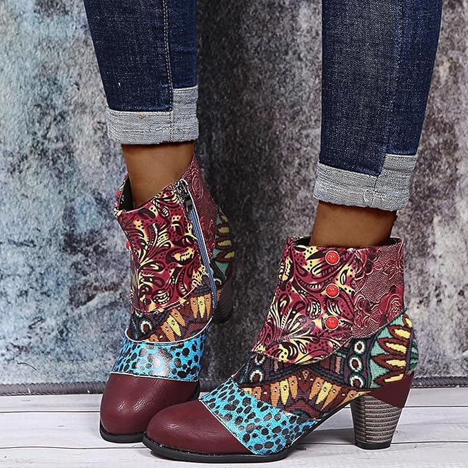 Bohemian Floral Embossed Ankle Boots for Women