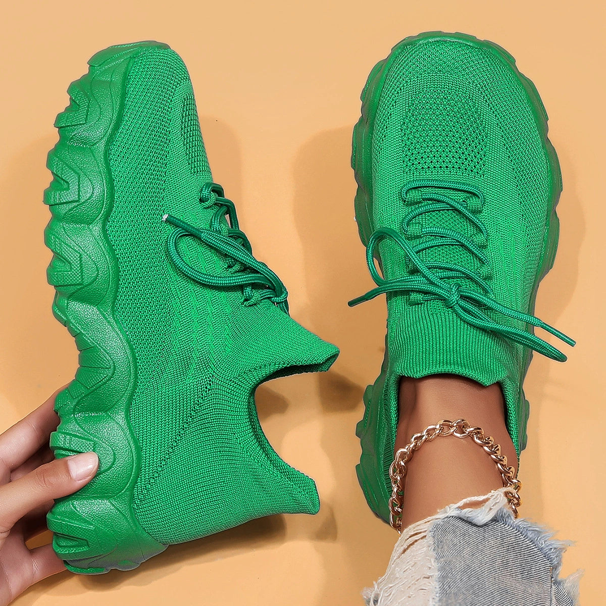 Women's Breathable Stretch Knit Thick Sole Slip‑On Trainers Walking Shoes