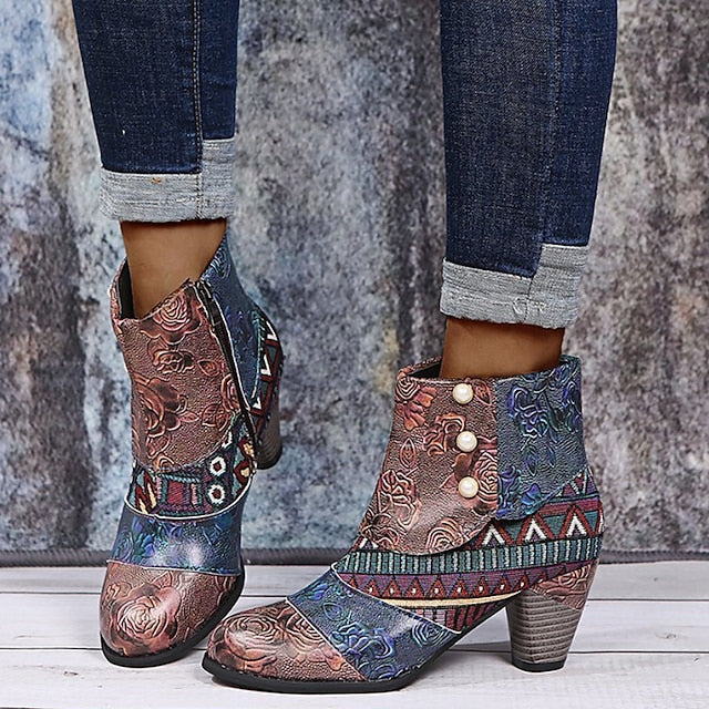 Bohemian Floral Embossed Ankle Boots for Women