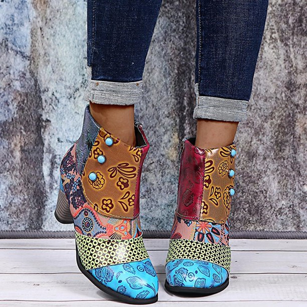 Bohemian Floral Embossed Ankle Boots for Women