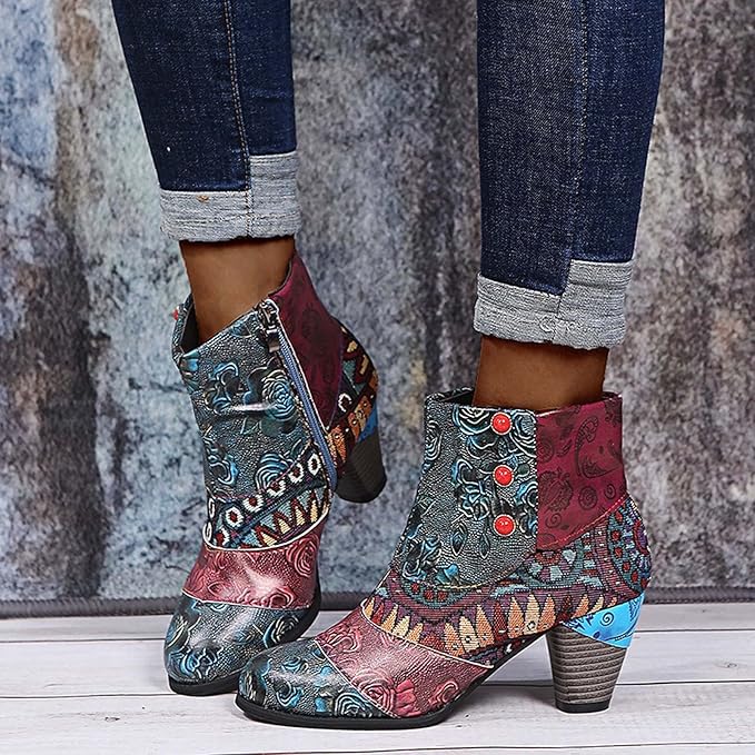 Bohemian Floral Embossed Ankle Boots for Women
