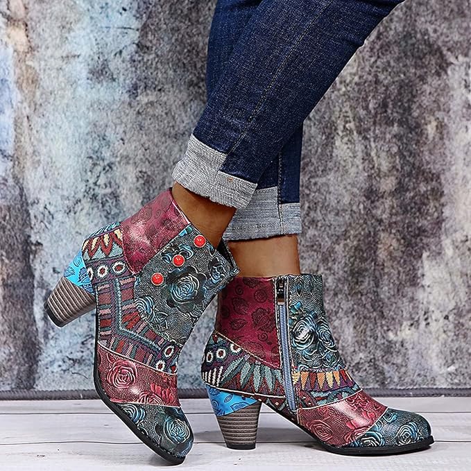 Bohemian Floral Embossed Ankle Boots for Women