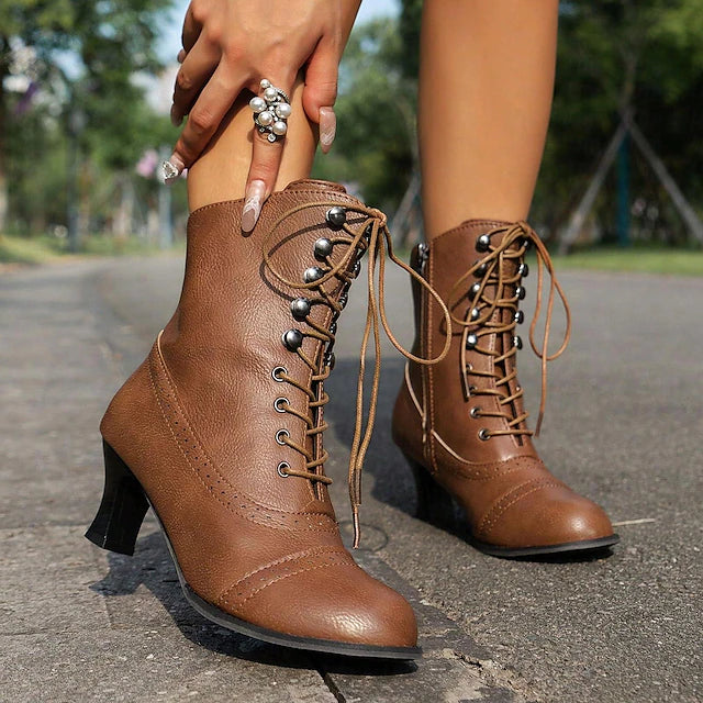 Women's Victorian Brown Lace-Up Mid-Heel Boots with Zipper