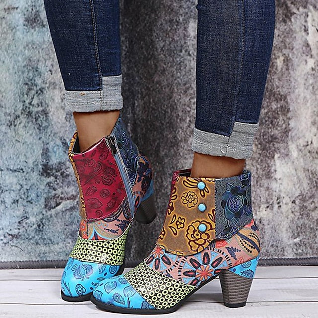 Bohemian Floral Embossed Ankle Boots for Women