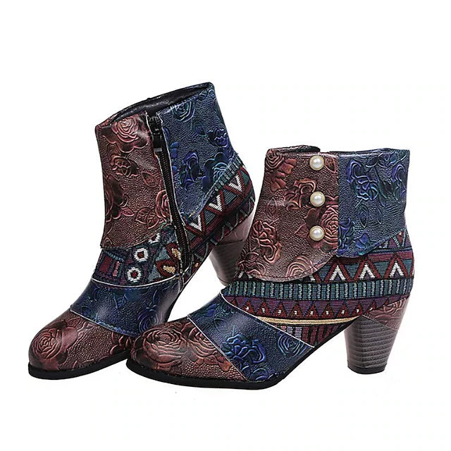 Bohemian Floral Embossed Ankle Boots for Women
