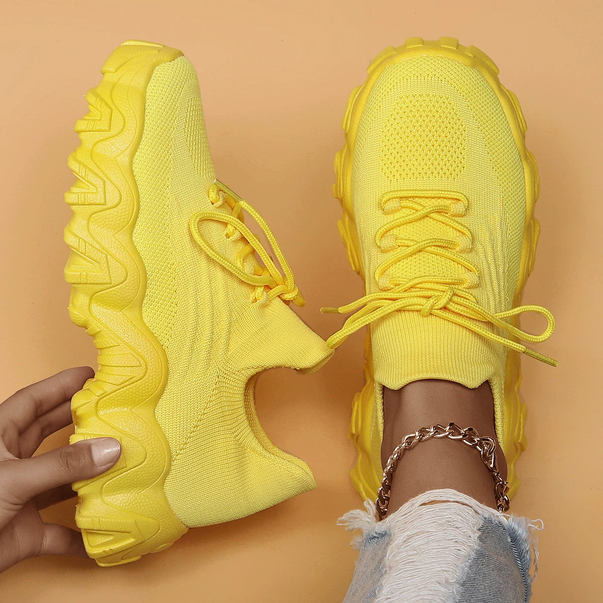 Women's Breathable Stretch Knit Thick Sole Slip‑On Trainers Walking Shoes