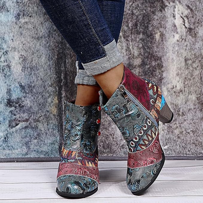 Bohemian Floral Embossed Ankle Boots for Women