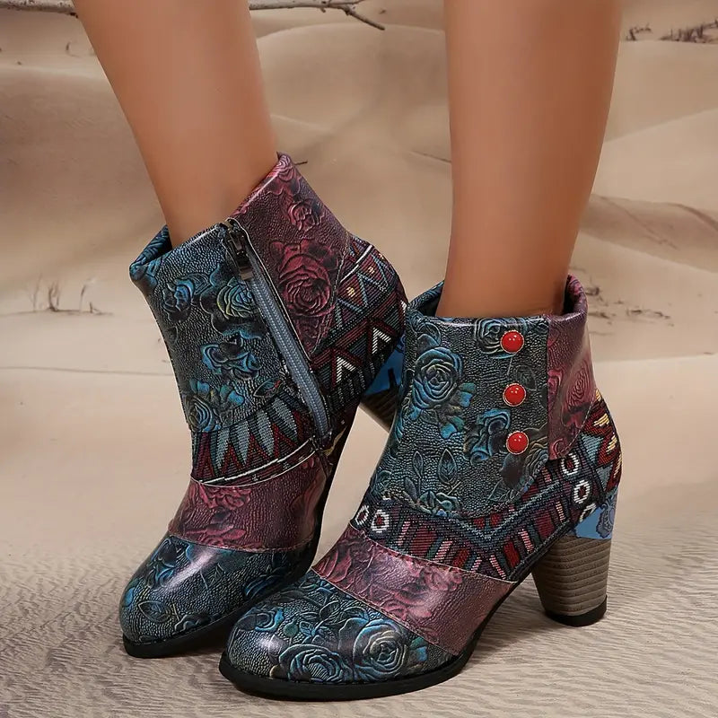 Bohemian Floral Embossed Ankle Boots for Women