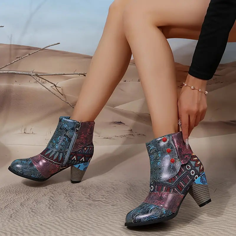 Bohemian Floral Embossed Ankle Boots for Women