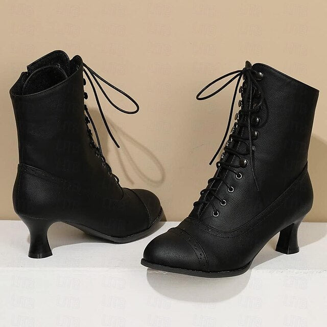 Women's Victorian Brown Lace-Up Mid-Heel Boots with Zipper
