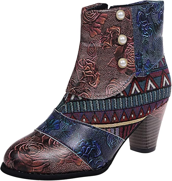 Bohemian Floral Embossed Ankle Boots for Women