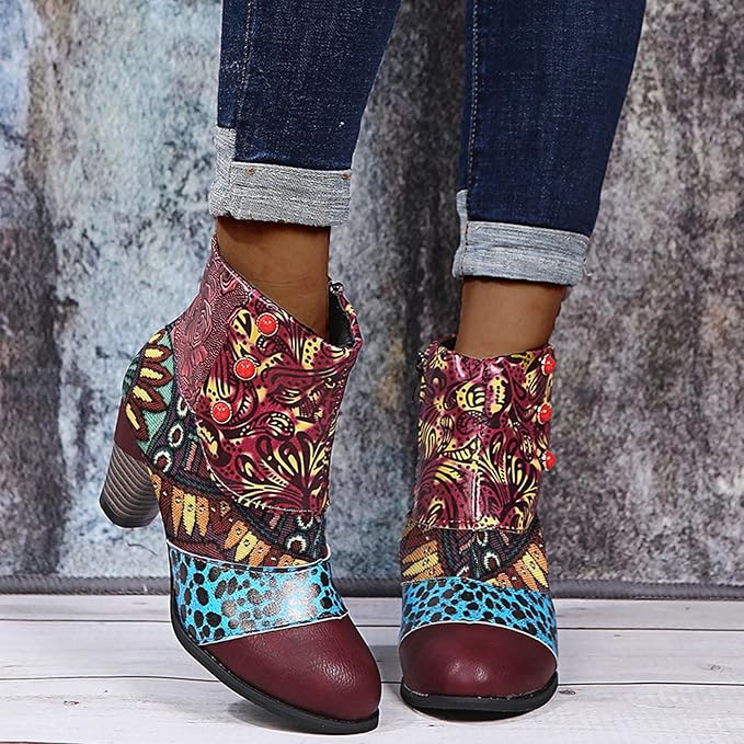 Bohemian Floral Embossed Ankle Boots for Women