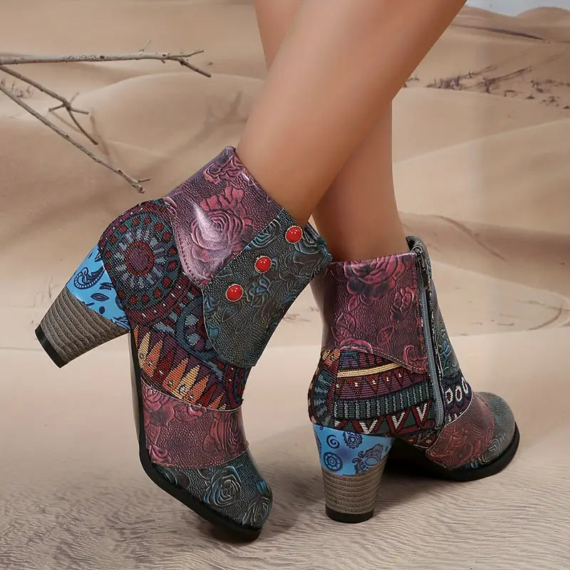 Bohemian Floral Embossed Ankle Boots for Women
