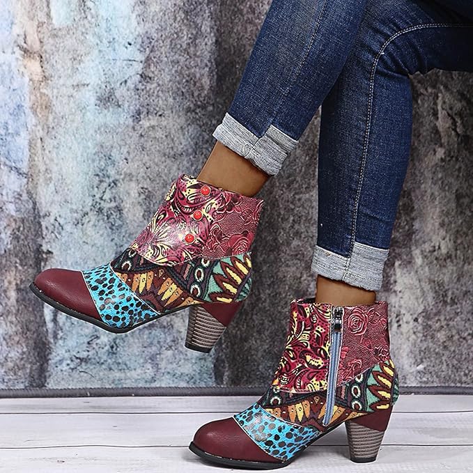 Bohemian Floral Embossed Ankle Boots for Women
