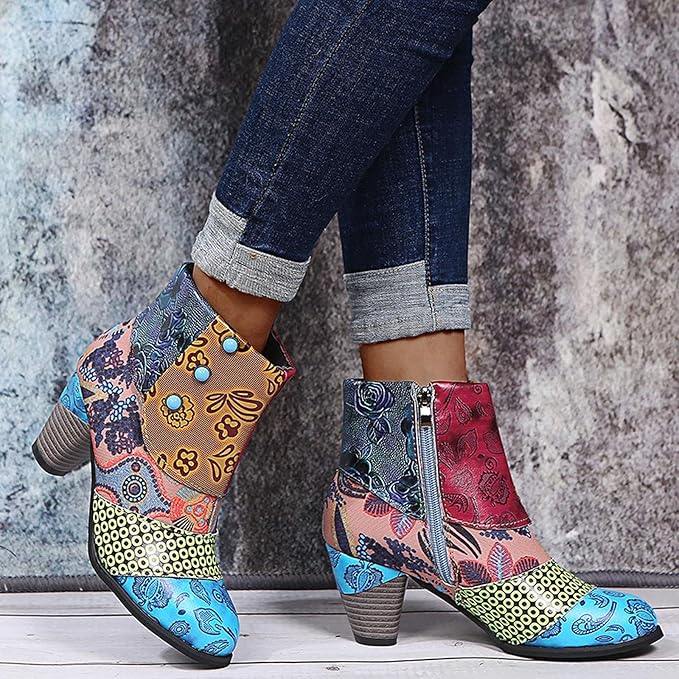Bohemian Floral Embossed Ankle Boots for Women