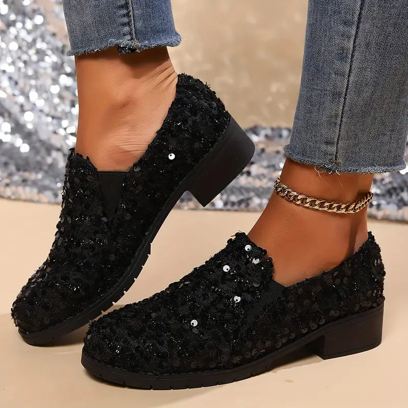 Sequins Decor Chunky Heel Loafers