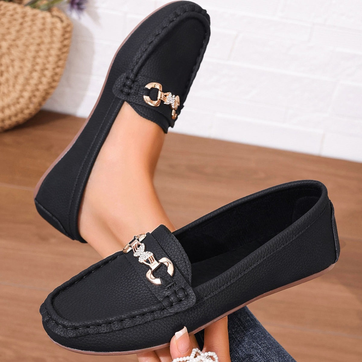 Womens Glamorous Metallic Buckle Loafers