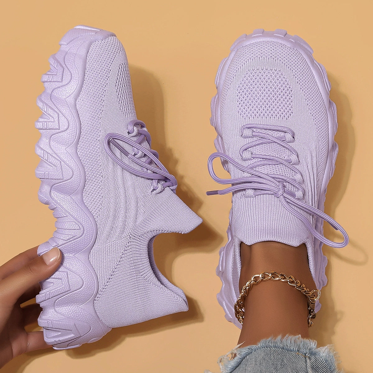 Women's Breathable Stretch Knit Thick Sole Slip‑On Trainers Walking Shoes
