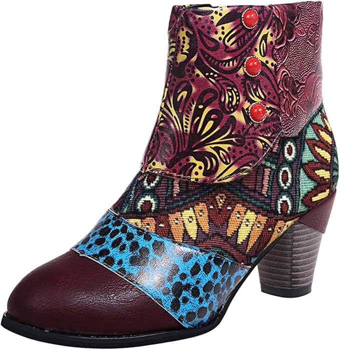 Bohemian Floral Embossed Ankle Boots for Women