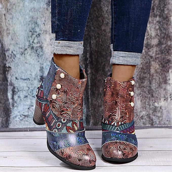 Bohemian Floral Embossed Ankle Boots for Women