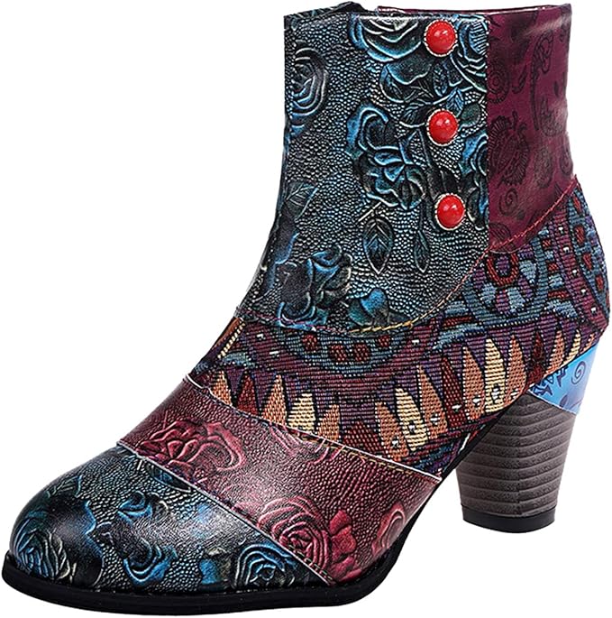 Bohemian Floral Embossed Ankle Boots for Women