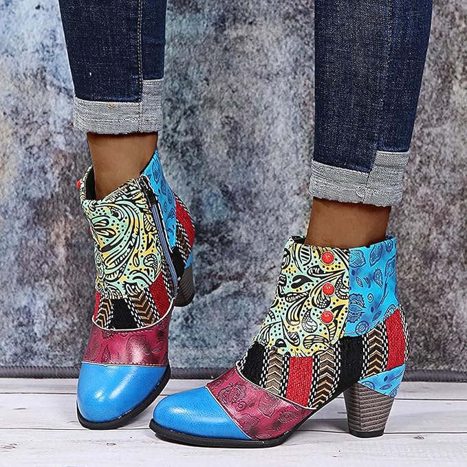 Bohemian Floral Embossed Ankle Boots for Women