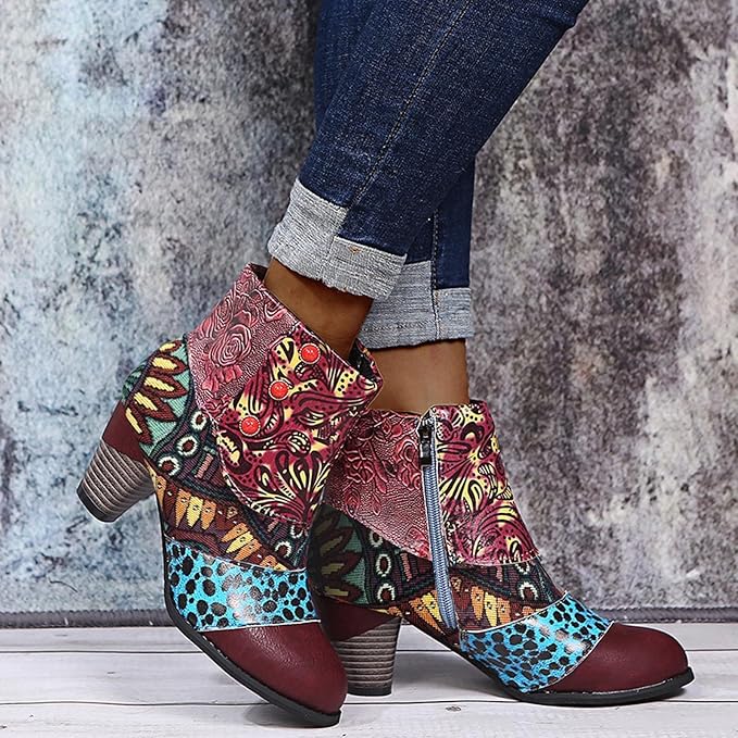 Bohemian Floral Embossed Ankle Boots for Women