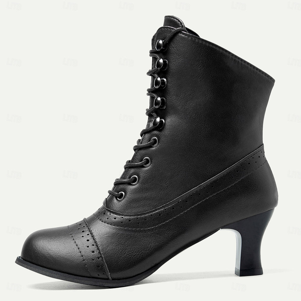 Women's Victorian Brown Lace-Up Mid-Heel Boots with Zipper