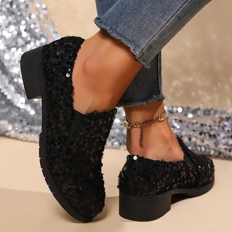 Sequins Decor Chunky Heel Loafers
