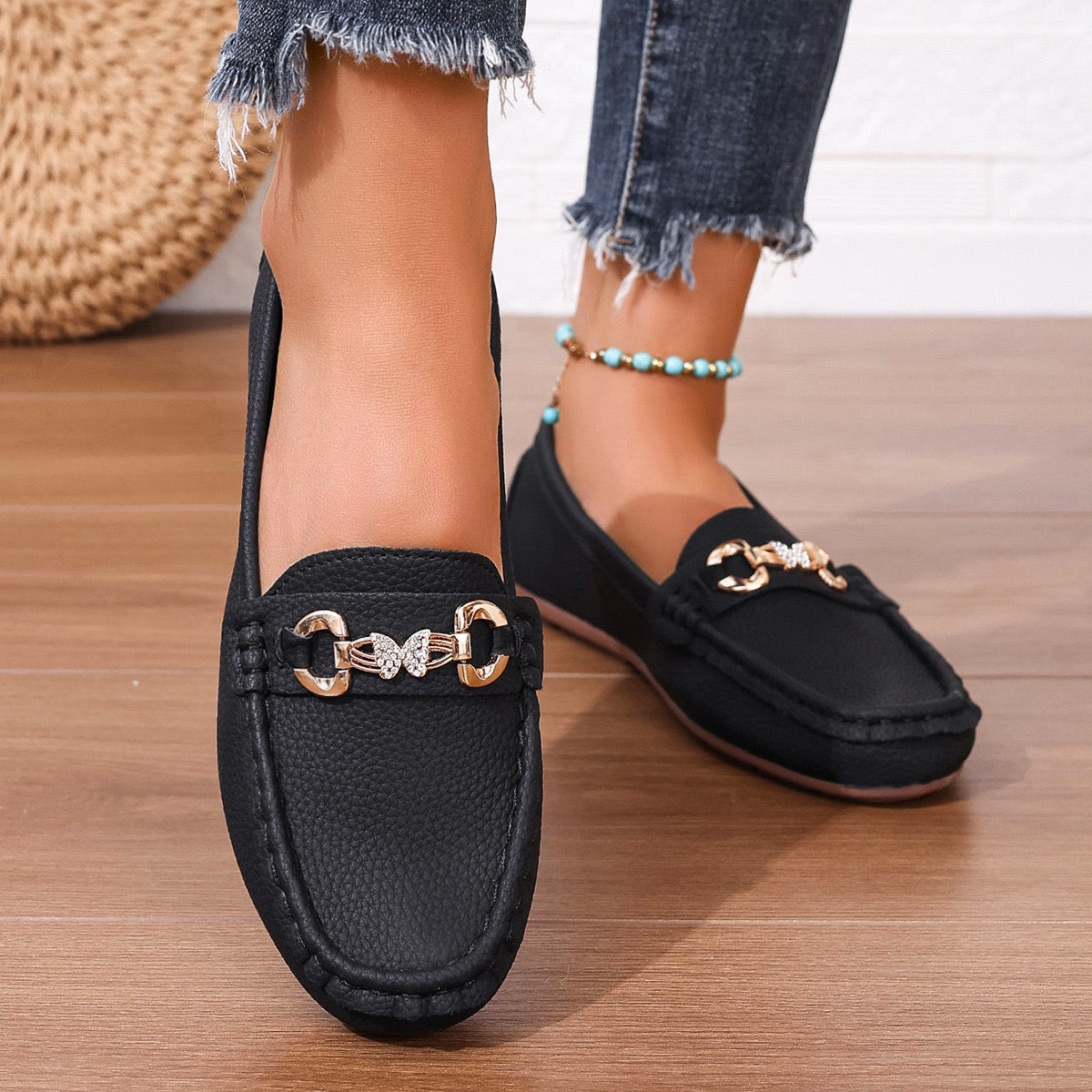 Womens Glamorous Metallic Buckle Loafers
