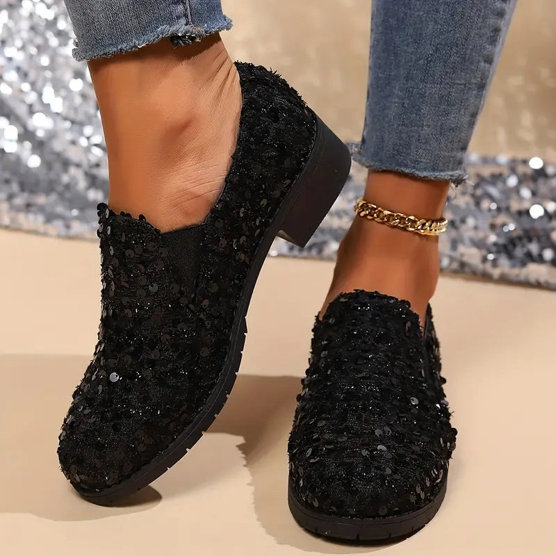 Sequins Decor Chunky Heel Loafers