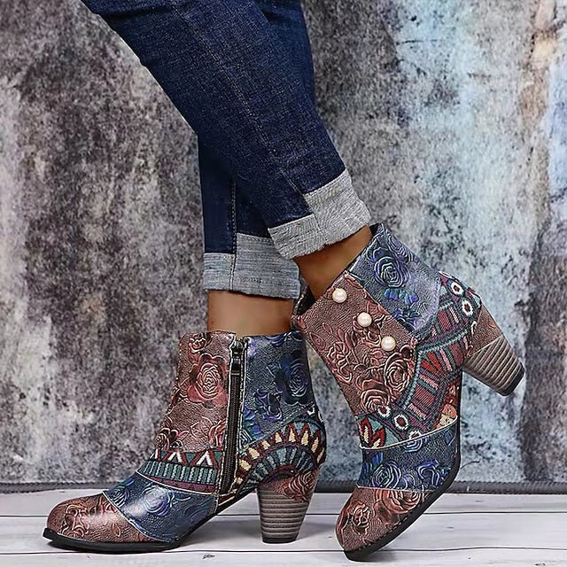 Bohemian Floral Embossed Ankle Boots for Women